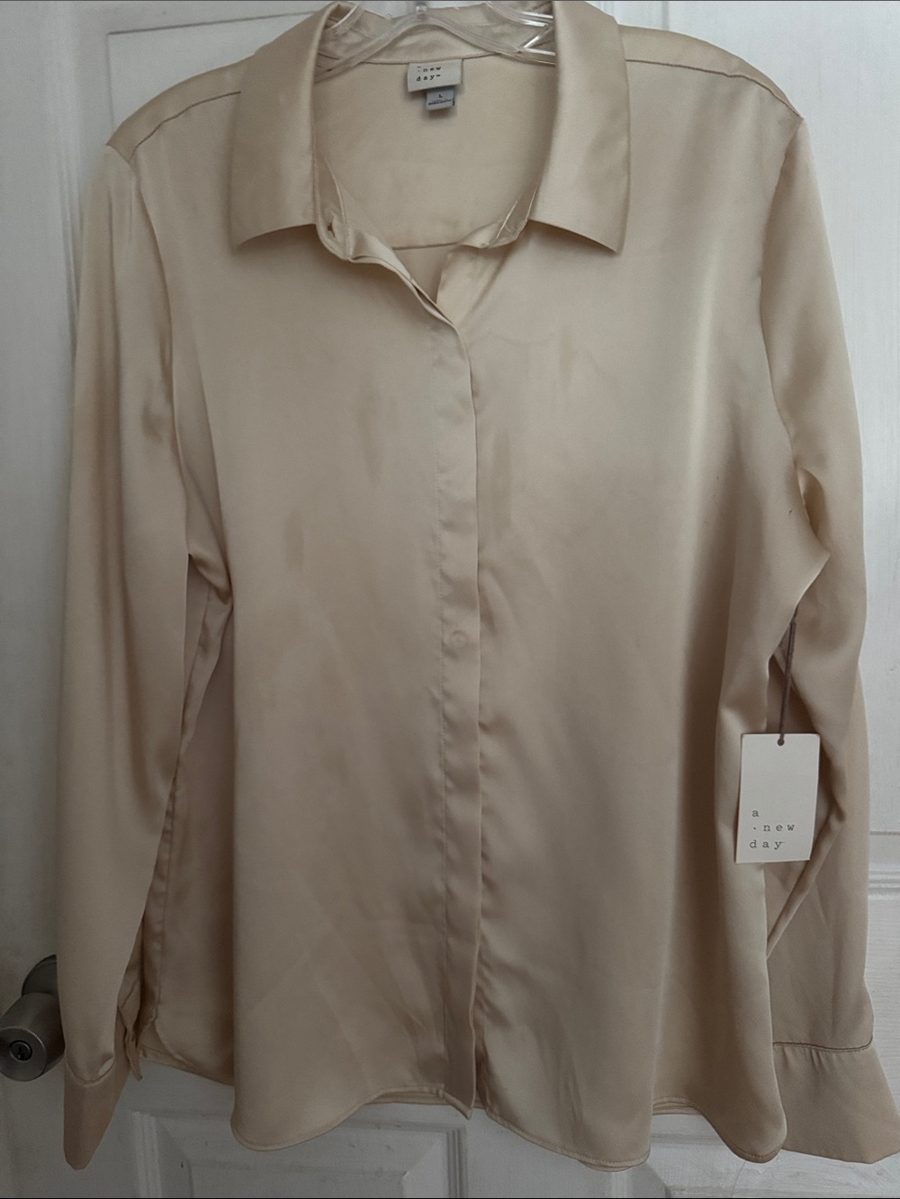 a new day Women's Beige Satin Button-Front Shirt Size Large